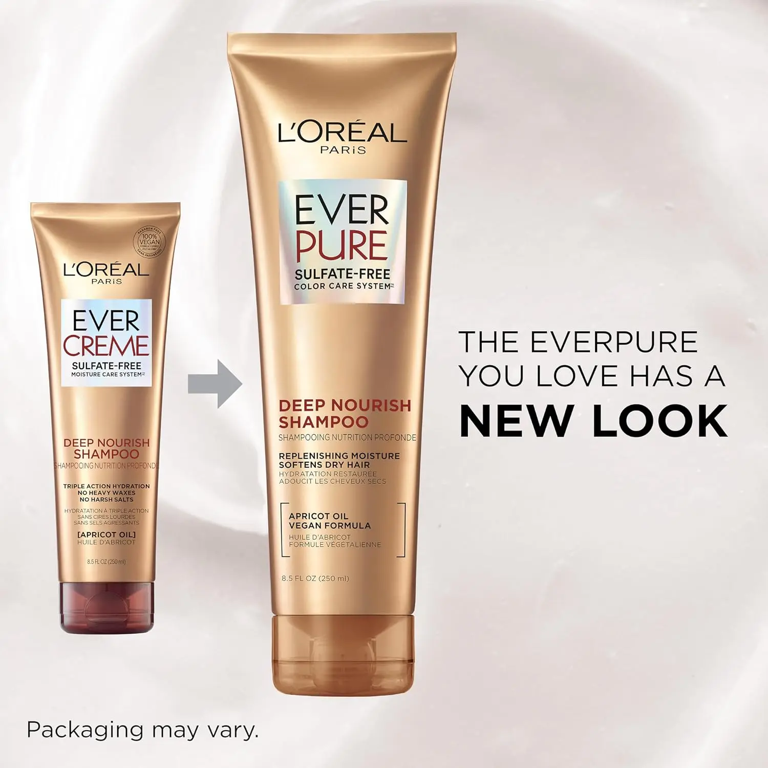 L'Oreal Paris EverCreme sulfate free shampoo and conditioner with apricot oil deeply nourishes and hydrates dry, brittle, or color-treated hair.