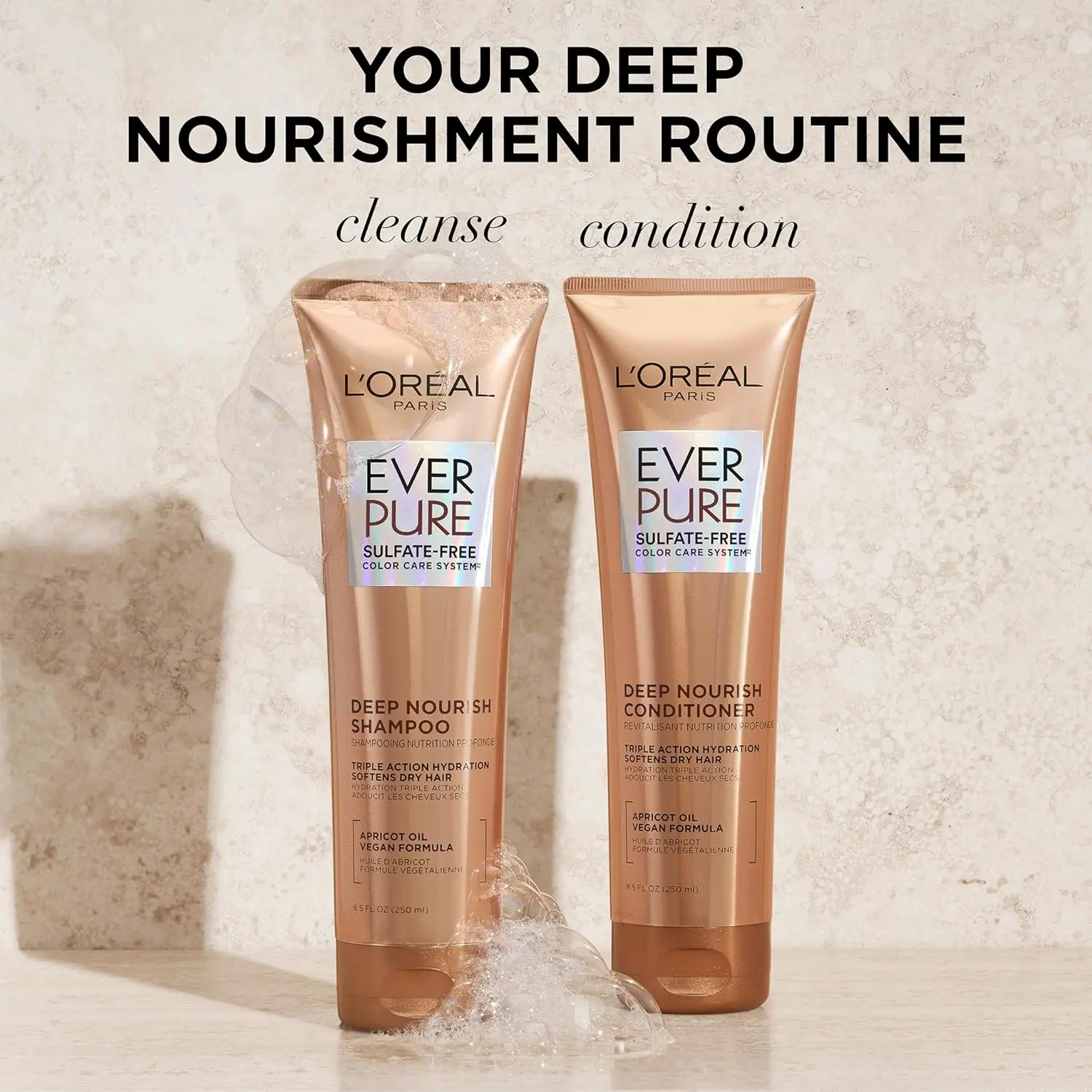 L'Oreal Paris EverCreme sulfate free shampoo and conditioner with apricot oil deeply nourishes and hydrates dry, brittle, or color-treated hair.