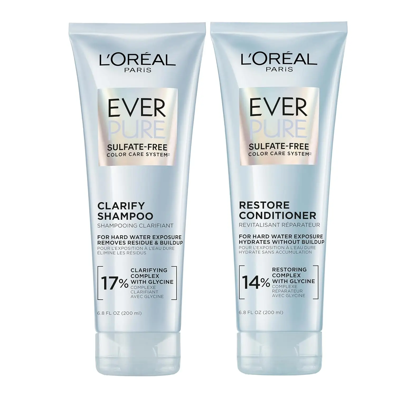 L'Oreal Paris EverPure Clarify and Restore shampoo and conditioner set protects color-treated hair from fading by removing residue and build-up while delivering moisture.