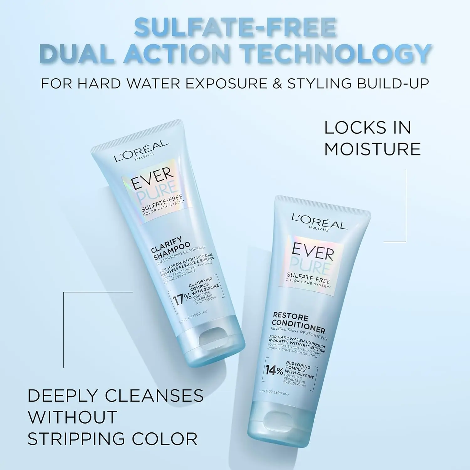 L'Oreal Paris EverPure Clarify and Restore shampoo and conditioner set protects color-treated hair from fading by removing residue and build-up while delivering moisture.