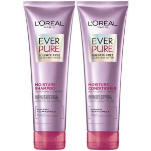 L'Oreal Paris EverPure sulfate-free shampoo and conditioner set replenishes dry, color-treated hair with lasting moisture and shine.