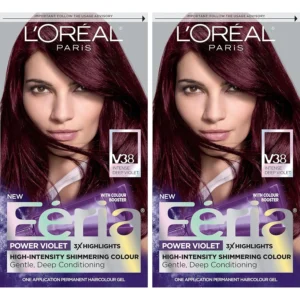 Two boxes of L'Oreal Paris Feria Violet Noir permanent hair color, known for its shimmering, multi-faceted tones and bond-repairing conditioner for strong, vibrant hair.
