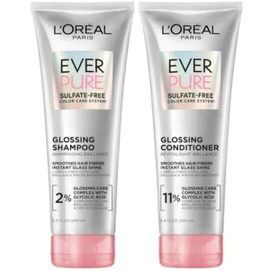 L'Oreal Paris EverPure Glossing shampoo and conditioner set with glycolic acid for color-treated hair, delivering lasting shine and smoothness.