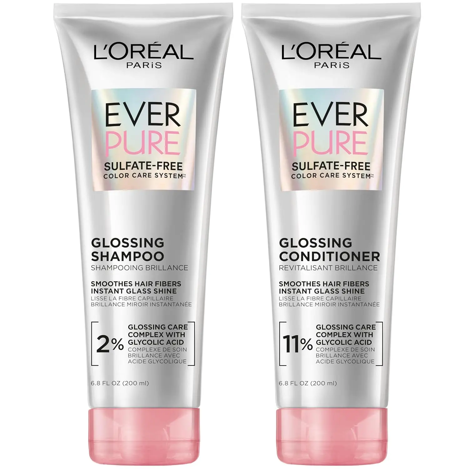 L'Oreal Paris EverPure Glossing shampoo and conditioner set with glycolic acid for color-treated hair, delivering lasting shine and smoothness.