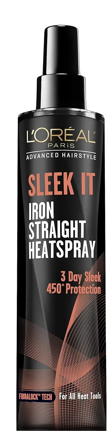 L'Oréal Paris Sleek It Iron Straight Heat Spray protects hair up to 450 degrees while calming frizz and adding shine for long-lasting sleek styles.
