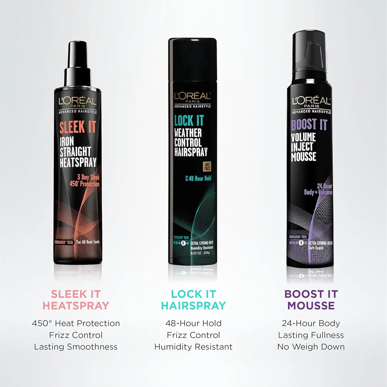 L'Oréal Paris Sleek It Iron Straight Heat Spray protects hair up to 450 degrees while calming frizz and adding shine for long-lasting sleek styles.