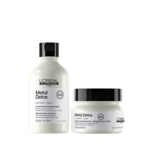 L'Oréal Professionnel Metal Detox set with shampoo and mask protects hair from deposits, maintains color vibrancy, and leaves hair nourished and shiny after color or lightening services.