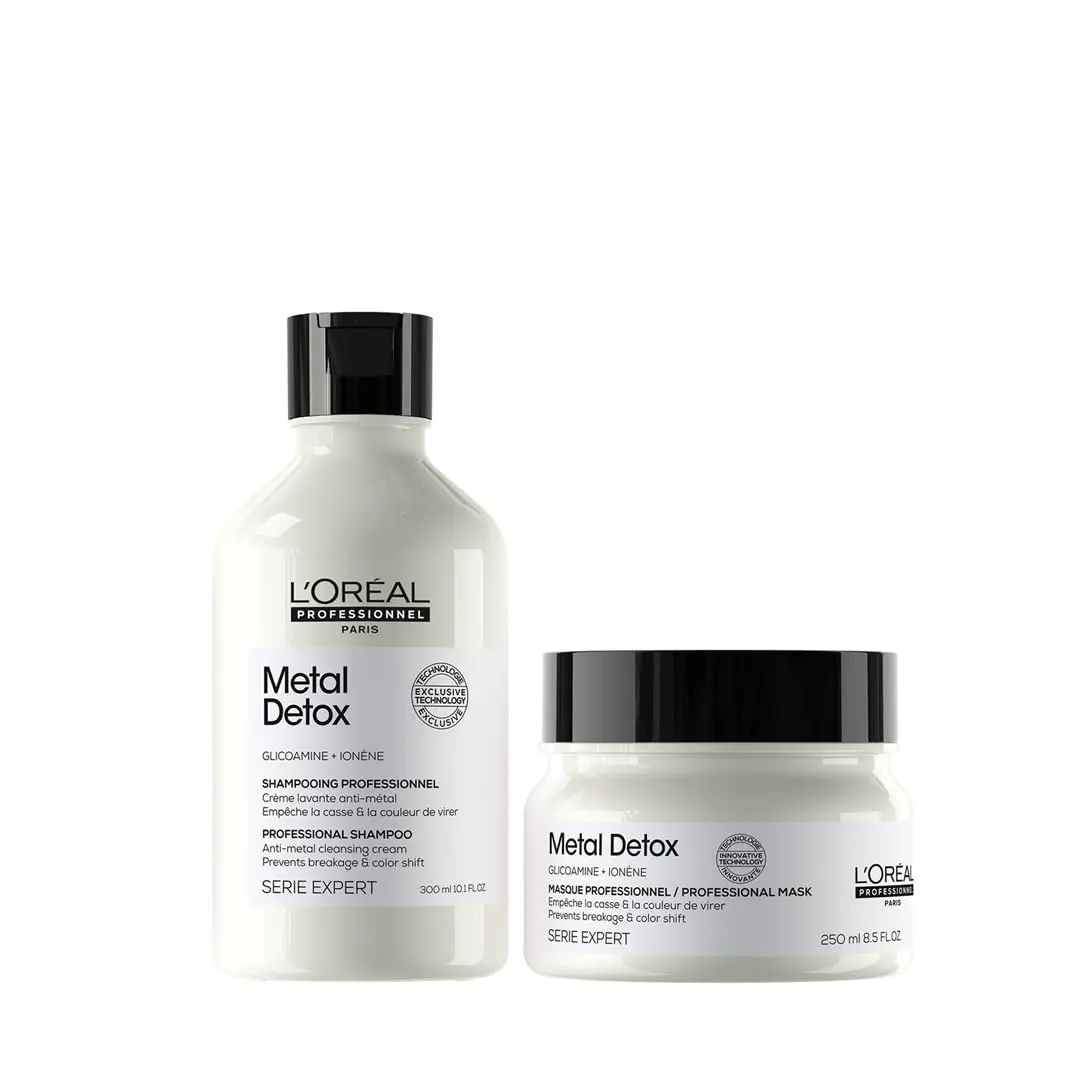 L'Oréal Professionnel Metal Detox set with shampoo and mask protects hair from deposits, maintains color vibrancy, and leaves hair nourished and shiny after color or lightening services.