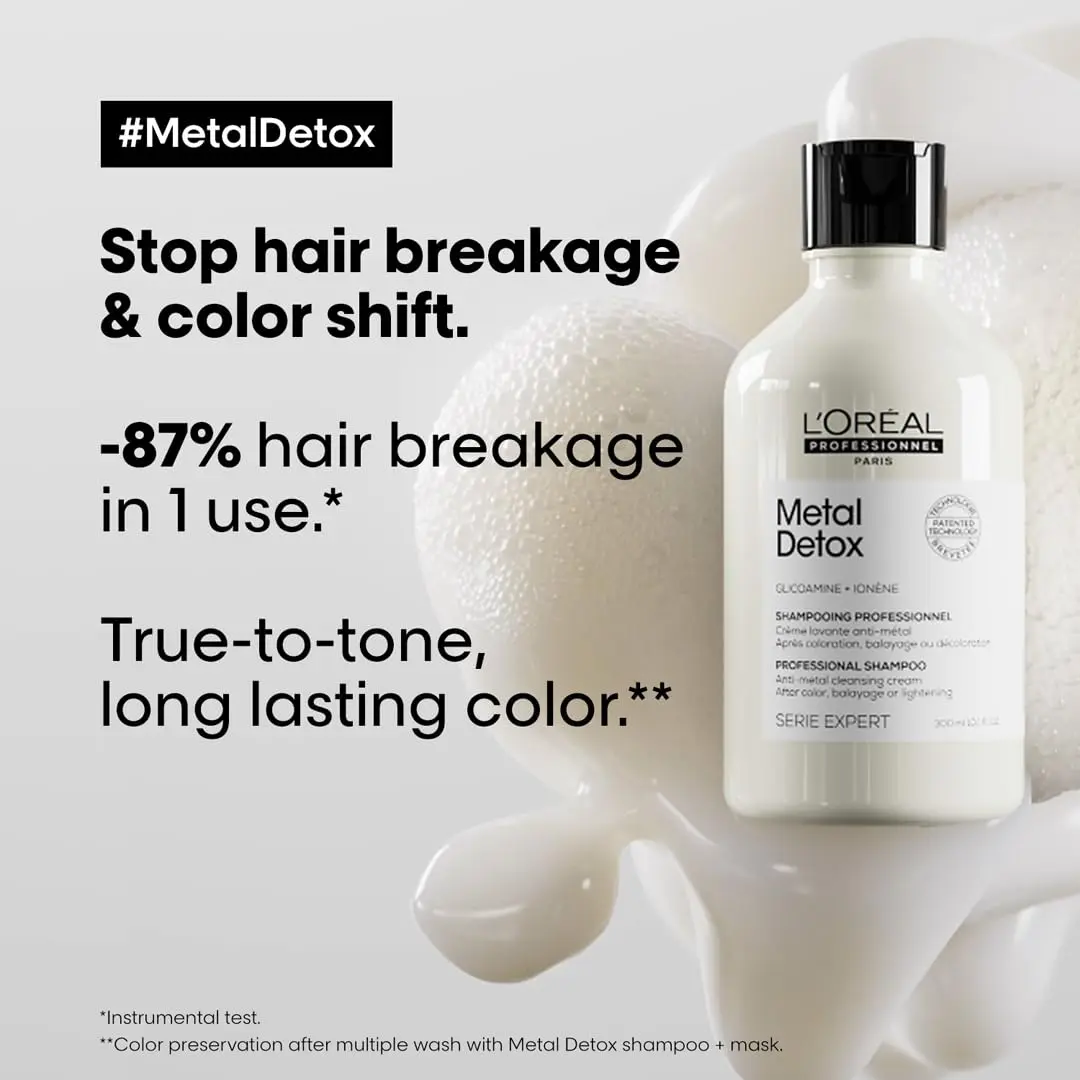 L'Oréal Professionnel Metal Detox set with shampoo and mask protects hair from deposits, maintains color vibrancy, and leaves hair nourished and shiny after color or lightening services.