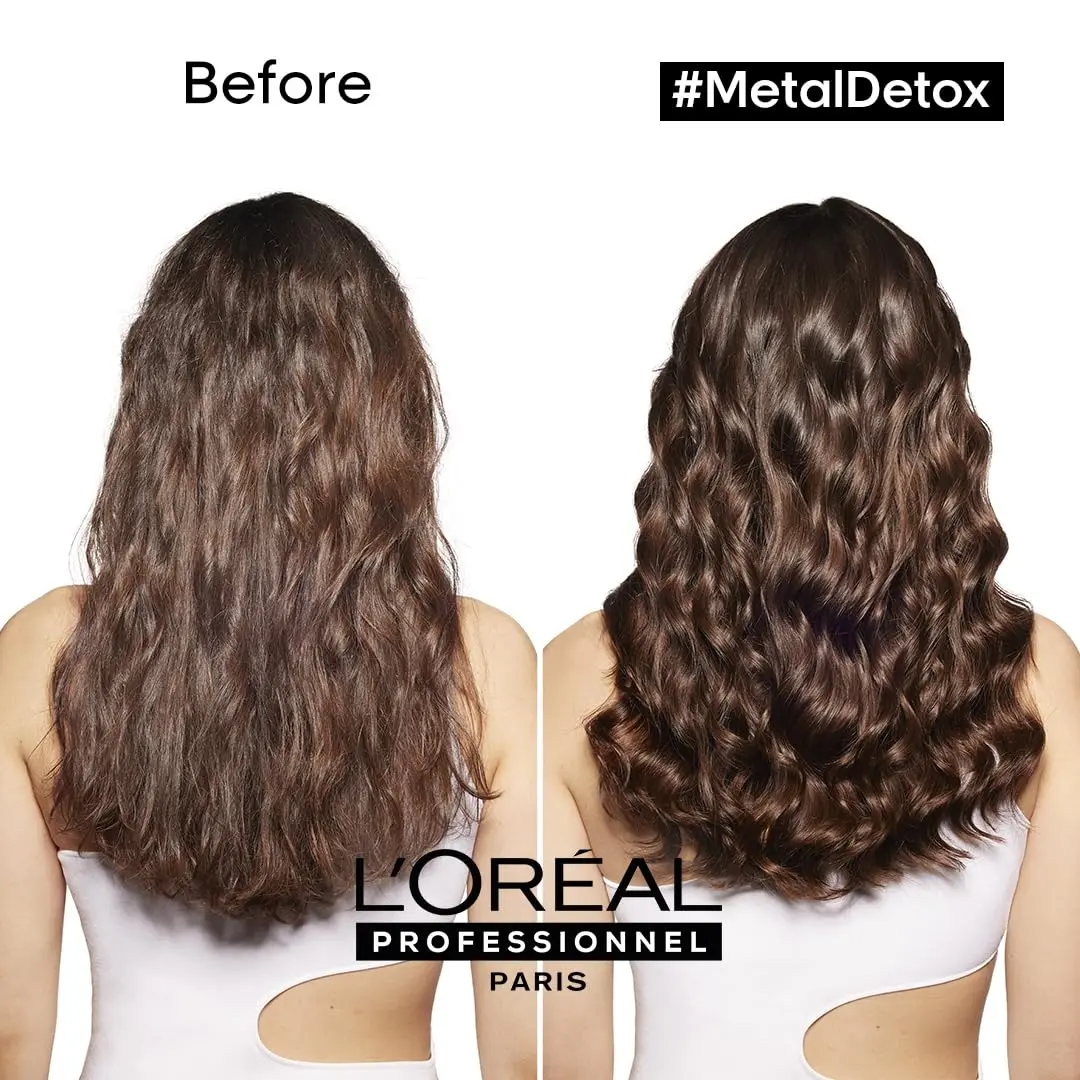 L'Oréal Professionnel Metal Detox set with shampoo and mask protects hair from deposits, maintains color vibrancy, and leaves hair nourished and shiny after color or lightening services.