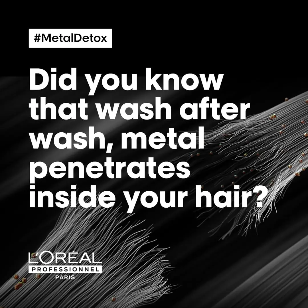 L'Oréal Professionnel Metal Detox set with shampoo and mask protects hair from deposits, maintains color vibrancy, and leaves hair nourished and shiny after color or lightening services.