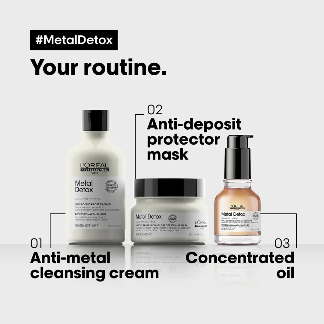 L'Oréal Professionnel Metal Detox set with shampoo and mask protects hair from deposits, maintains color vibrancy, and leaves hair nourished and shiny after color or lightening services.