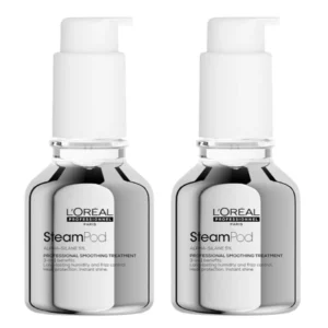 Two bottles of L'Oréal Professionnel SteamPod concentrate, a thermal protectant that shields hair from heat damage up to 450F, controls frizz, and provides long-lasting style when used with any hair straightener.