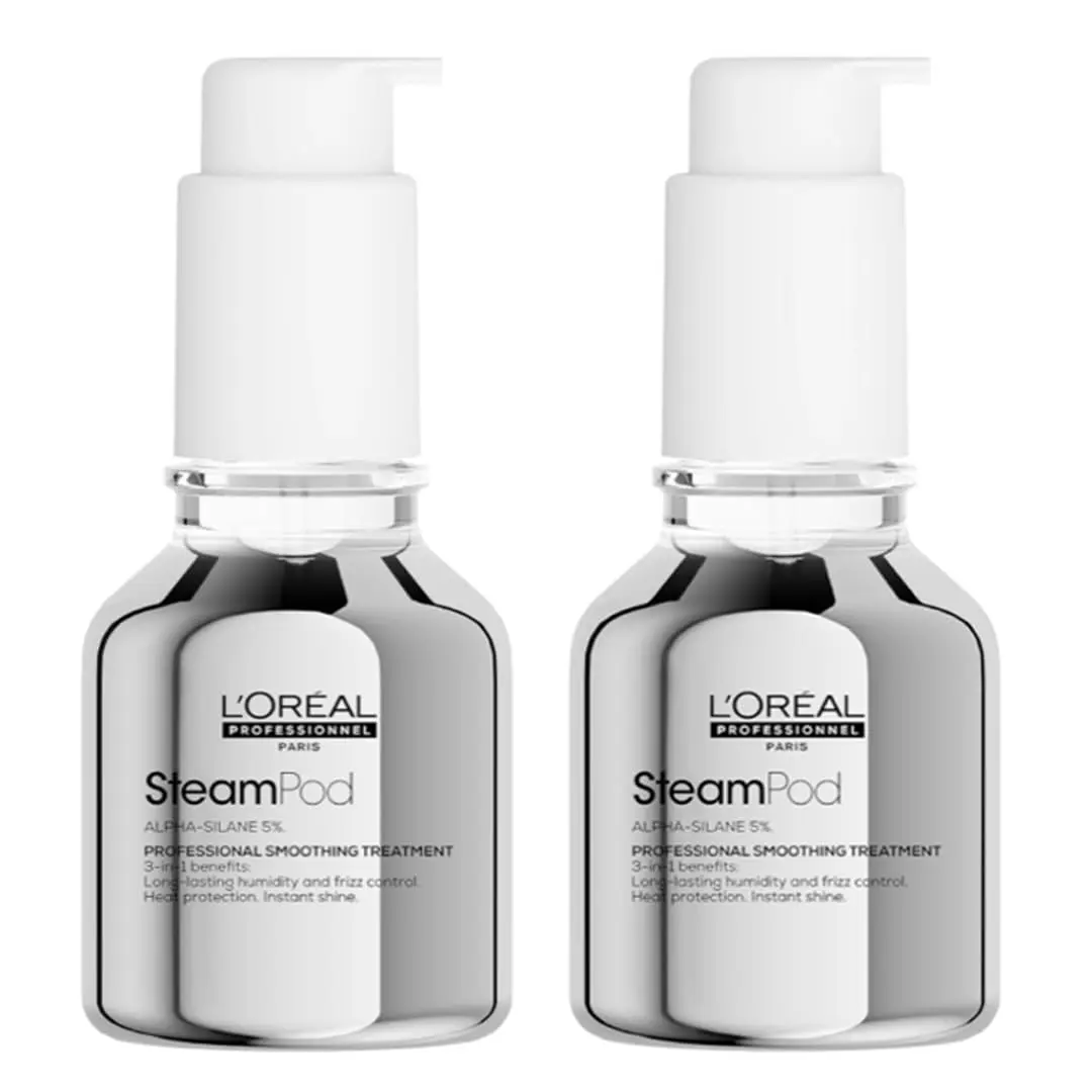 Two bottles of L'Oréal Professionnel SteamPod concentrate, a thermal protectant that shields hair from heat damage up to 450F, controls frizz, and provides long-lasting style when used with any hair straightener.