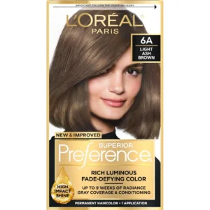 L'Oréal Paris Superior Preference 6A Light Ash Brown permanent hair color provides fade-defying color, gray coverage, and lasting shine for up to 9 weeks, with a no-drip gel formula and shine-protecting conditioner.