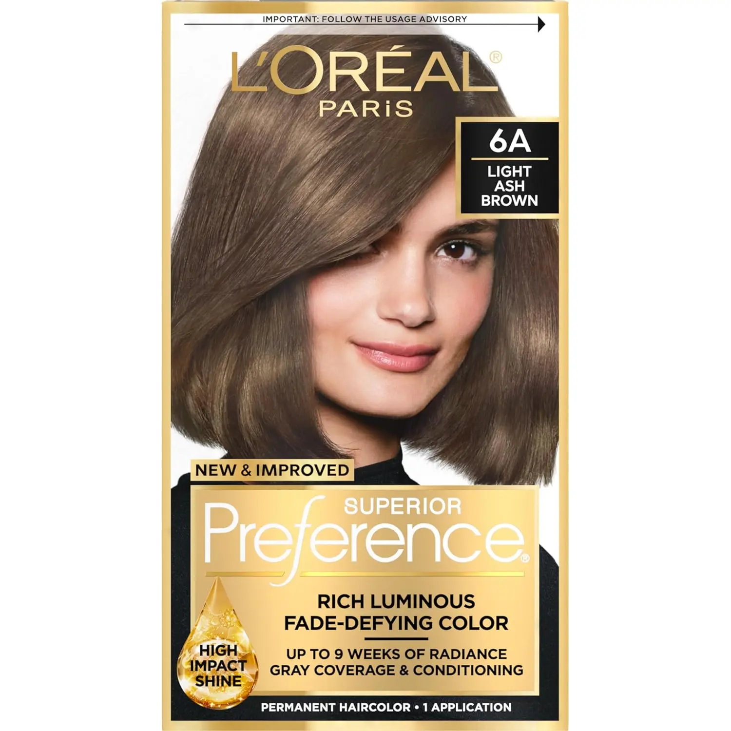 L'Oréal Paris Superior Preference 6A Light Ash Brown permanent hair color provides fade-defying color, gray coverage, and lasting shine for up to 9 weeks, with a no-drip gel formula and shine-protecting conditioner.