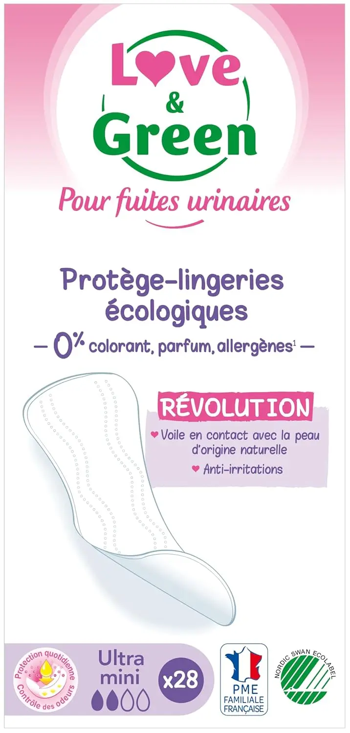 Twenty-eight Love & Green hypoallergenic incontinence pads made with 100% natural origin materials, free of chlorine, perfume, dyes, lotion, allergens, petrolatum, and paraffin, and dermatologically tested for sensitive skin.