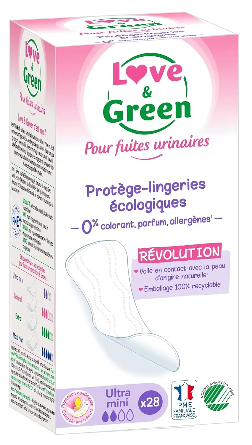 Twenty-eight Love & Green hypoallergenic incontinence pads made with 100% natural origin materials, free of chlorine, perfume, dyes, lotion, allergens, petrolatum, and paraffin, and dermatologically tested for sensitive skin.