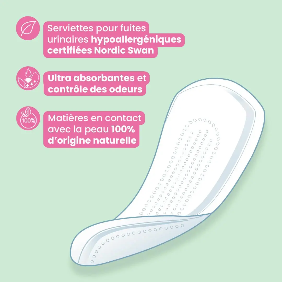 Twenty-eight Love & Green hypoallergenic incontinence pads made with 100% natural origin materials, free of chlorine, perfume, dyes, lotion, allergens, petrolatum, and paraffin, and dermatologically tested for sensitive skin.