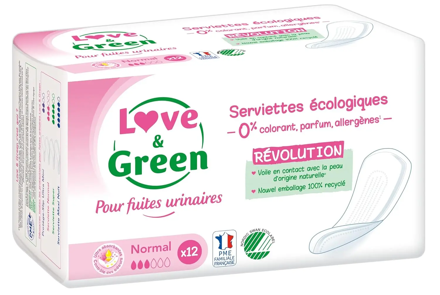Twenty-eight Love & Green hypoallergenic incontinence pads made with 100% natural origin materials, free of chlorine, perfume, dyes, lotion, allergens, petrolatum, and paraffin, and dermatologically tested for sensitive skin.