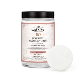J.R. Watkins Love bath and shower aromatherapy tablets with peony and patchouli scent for a sensual, spa-like experience that boosts desire and moisturizes skin.