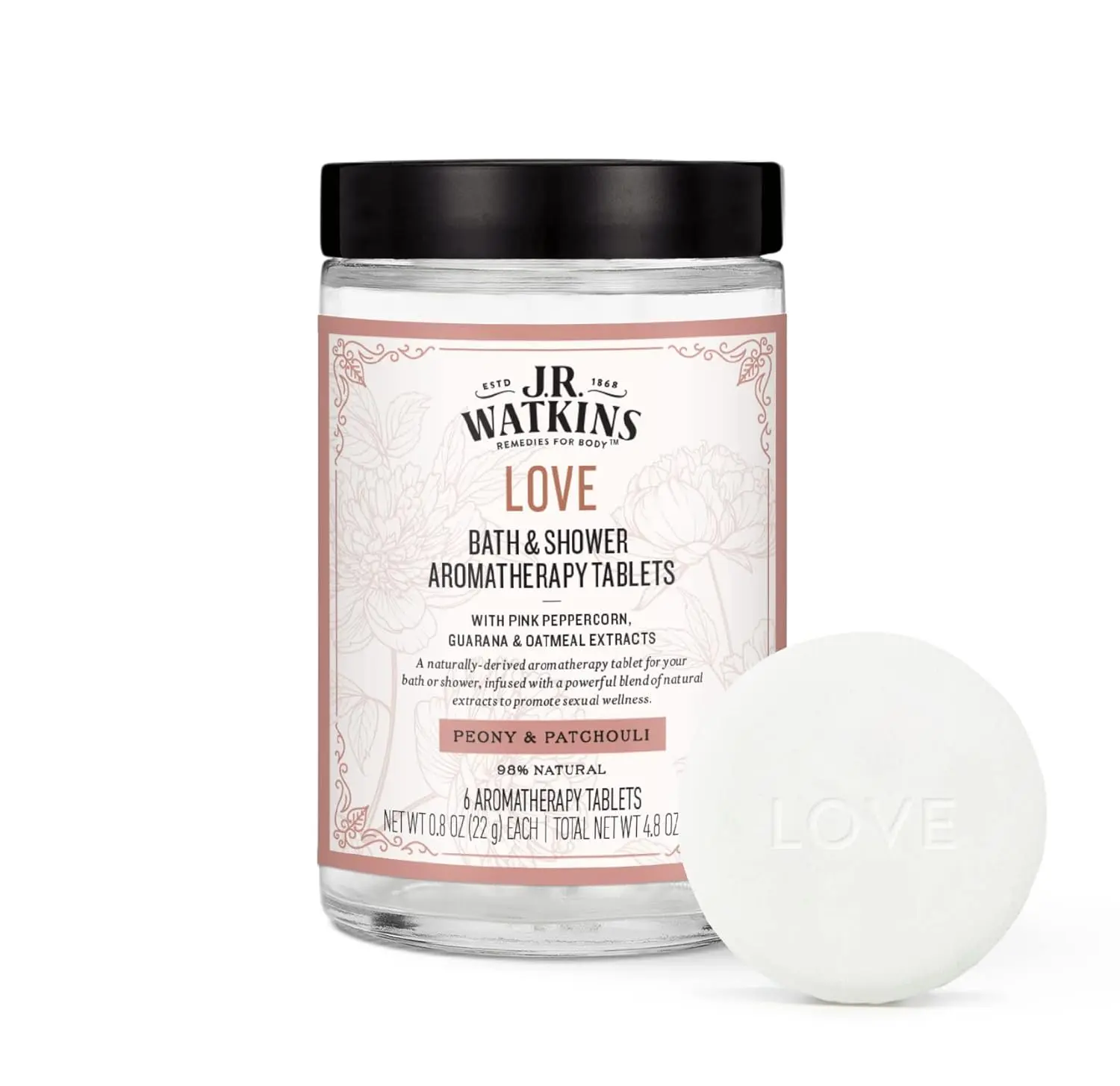 J.R. Watkins Love bath and shower aromatherapy tablets with peony and patchouli scent for a sensual, spa-like experience that boosts desire and moisturizes skin.