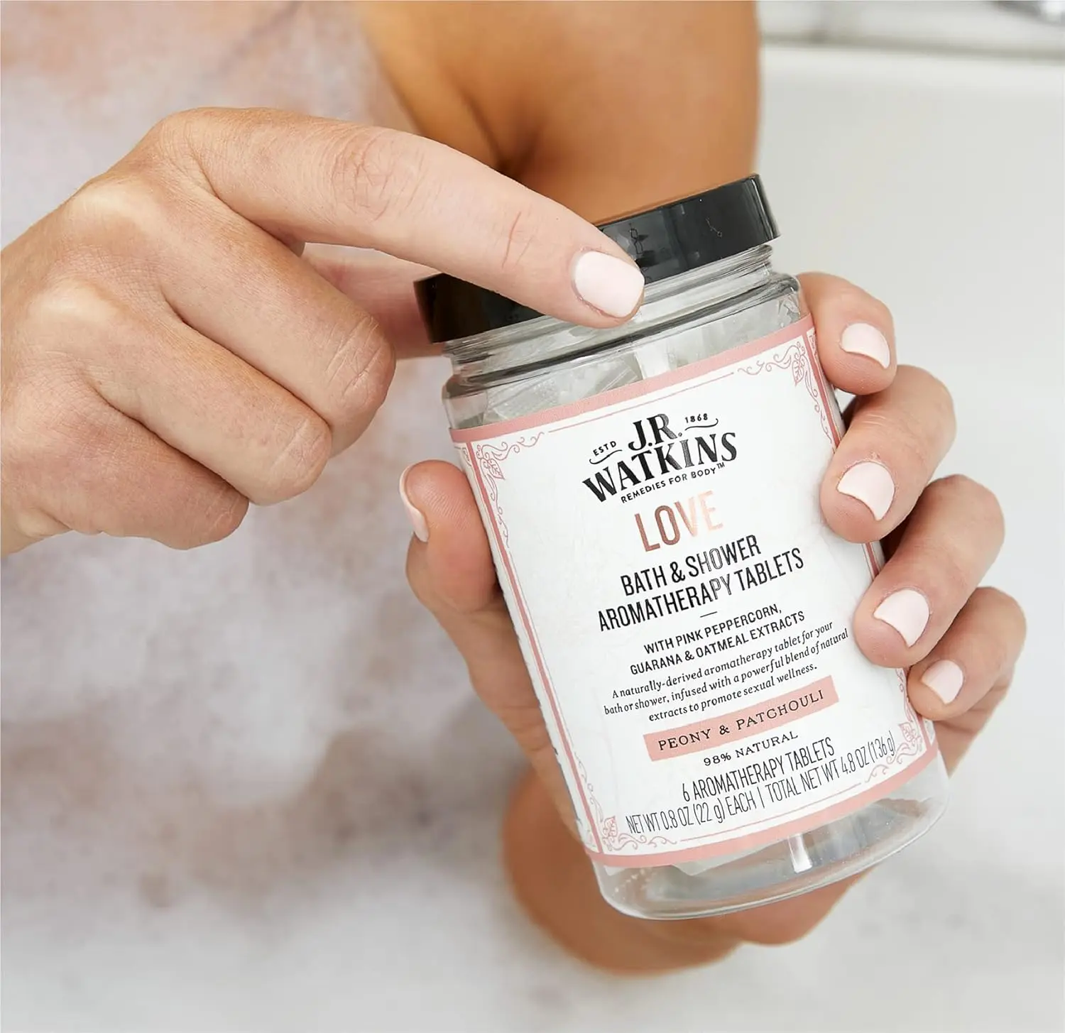 J.R. Watkins Love bath and shower aromatherapy tablets with peony and patchouli scent for a sensual, spa-like experience that boosts desire and moisturizes skin.
