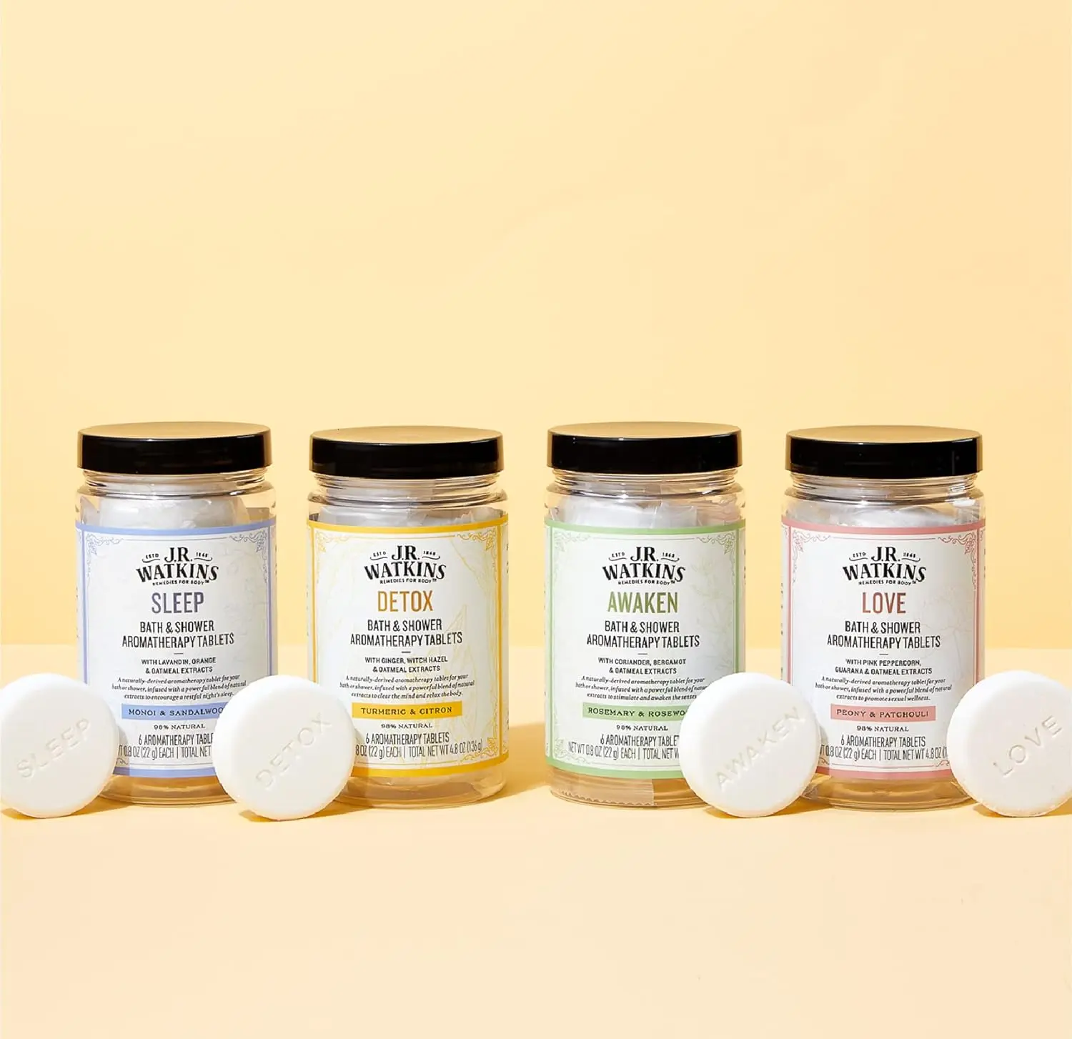 J.R. Watkins Love bath and shower aromatherapy tablets with peony and patchouli scent for a sensual, spa-like experience that boosts desire and moisturizes skin.