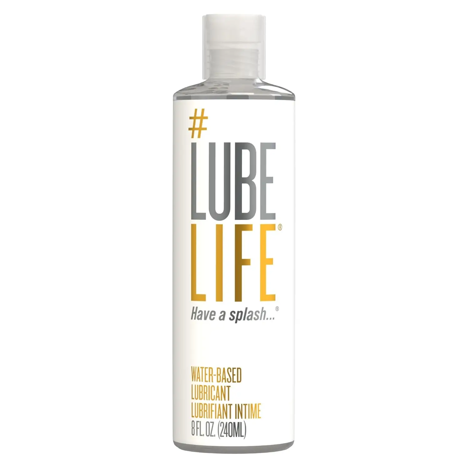 Bottle of Lube Life water-based personal lubricant for men, women and couples, compatible with most toy materials and condoms.