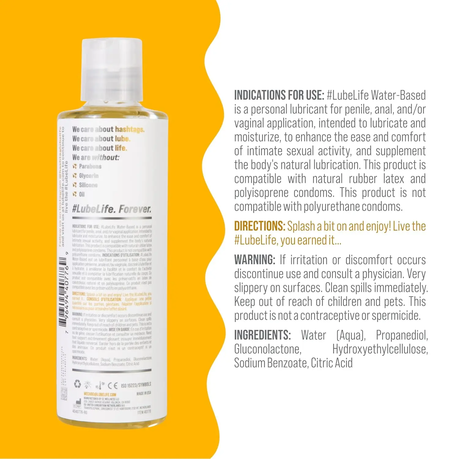 Bottle of Lube Life water-based personal lubricant for men, women and couples, compatible with most toy materials and condoms.