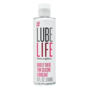 A bottle of Lube Life Thin Silicone Lubricant, a long-lasting and water-resistant personal lubricant made in the USA for comfortable and adventurous activities.