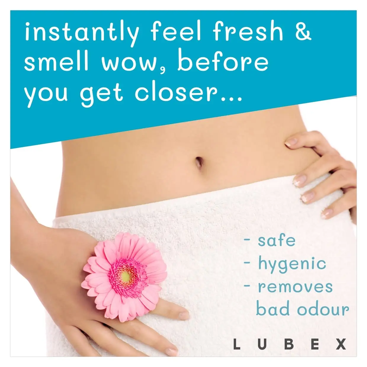 Individually wrapped Lubex feminine cleansing wipes made with Aloe Vera, Tea Tree & Vitamin E for pre and post intimacy cleaning, period, travel, UTI prevention, and post-workout freshness.