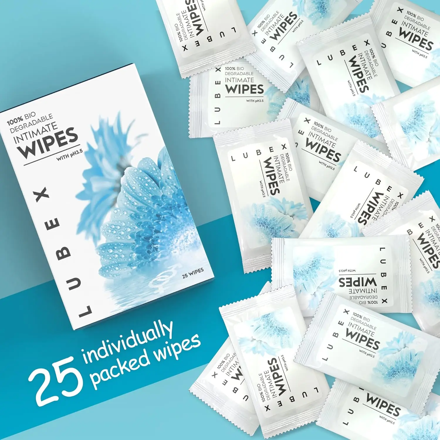 Individually wrapped Lubex feminine cleansing wipes made with Aloe Vera, Tea Tree & Vitamin E for pre and post intimacy cleaning, period, travel, UTI prevention, and post-workout freshness.