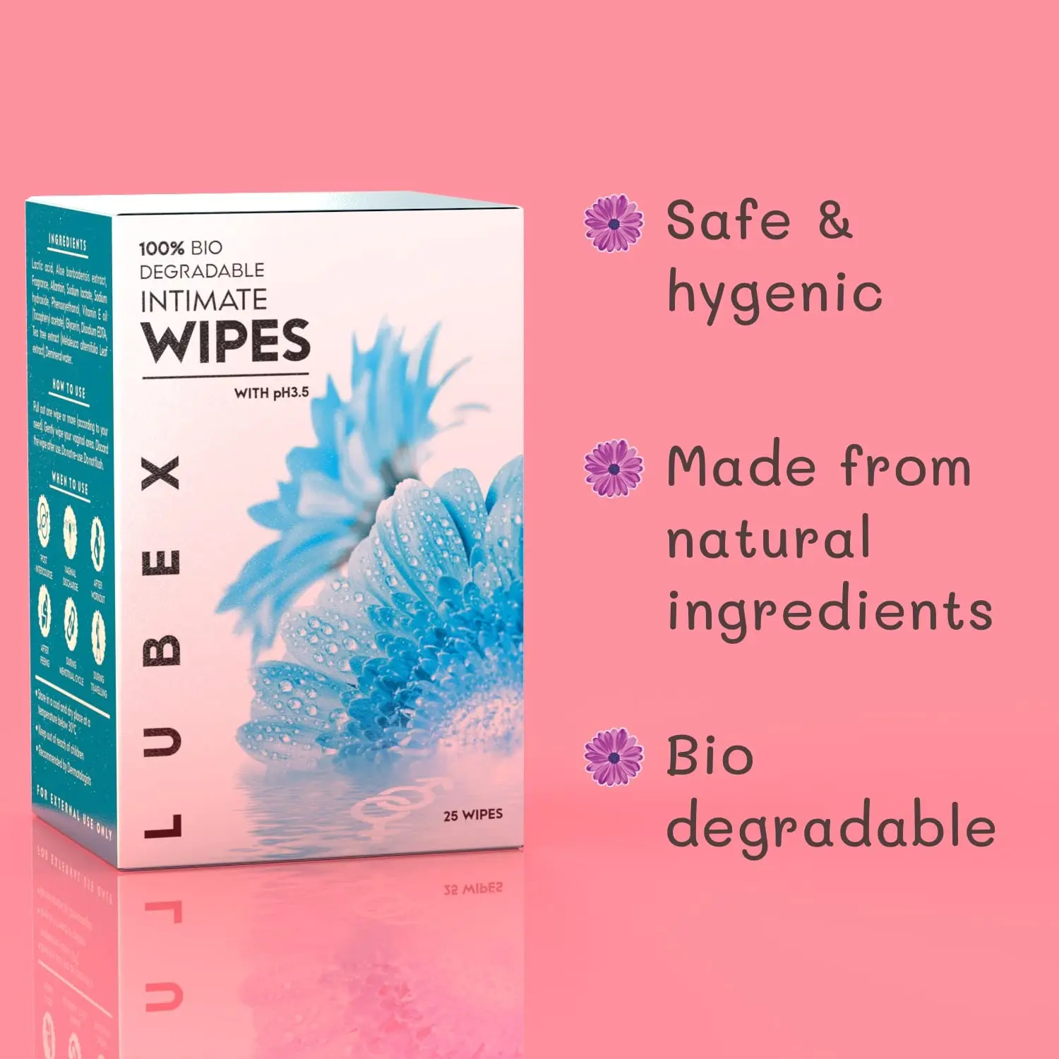 Individually wrapped Lubex feminine cleansing wipes made with Aloe Vera, Tea Tree & Vitamin E for pre and post intimacy cleaning, period, travel, UTI prevention, and post-workout freshness.