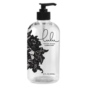 A bottle of Lulu Lube natural water-based personal lubricant, made in the USA and formulated with care for men and women, packaged hygienically.