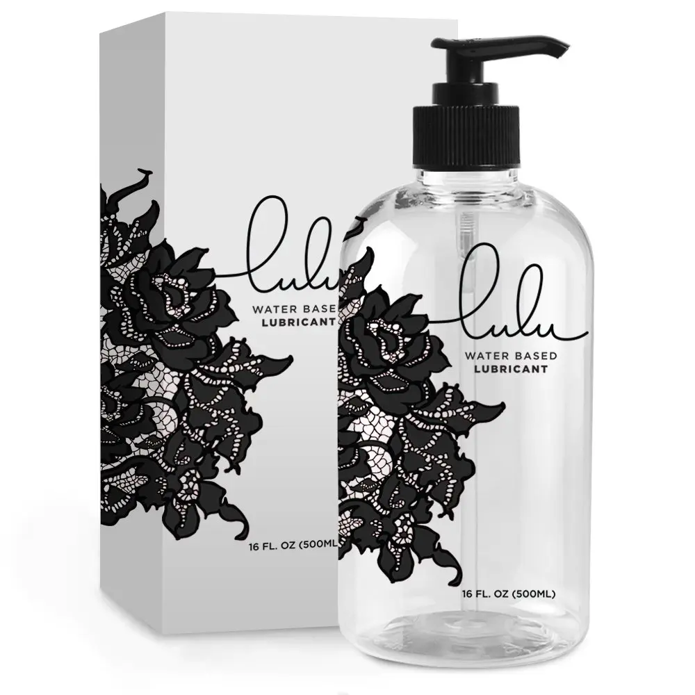 A bottle of Lulu Lube natural water-based personal lubricant, made in the USA and formulated with care for men and women, packaged hygienically.