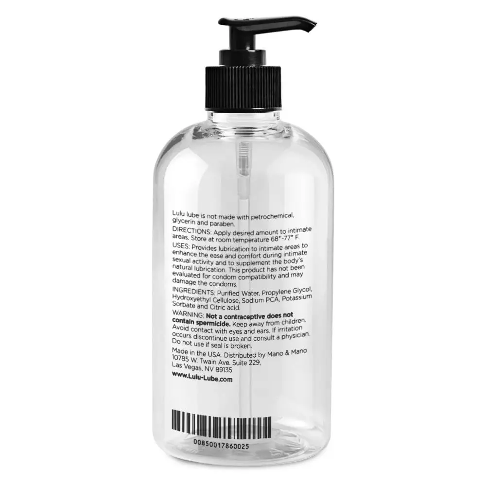 A bottle of Lulu Lube natural water-based personal lubricant, made in the USA and formulated with care for men and women, packaged hygienically.
