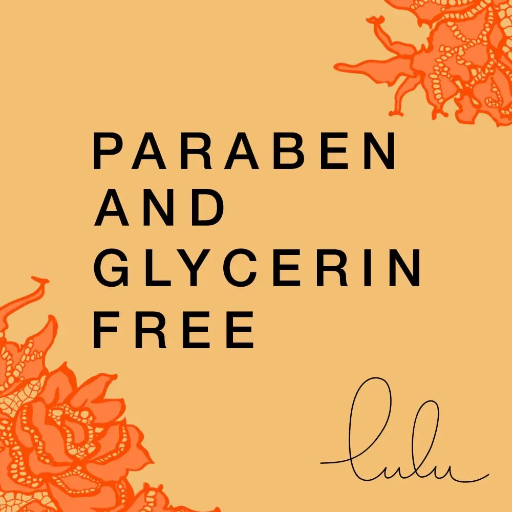 A bottle of Lulu Lube natural water-based personal lubricant, made in the USA and formulated with care for men and women, packaged hygienically.