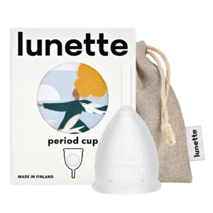 Clear Lunette Model 1 menstrual cup for light to moderate flow, a reusable and eco-friendly alternative to tampons and pads.