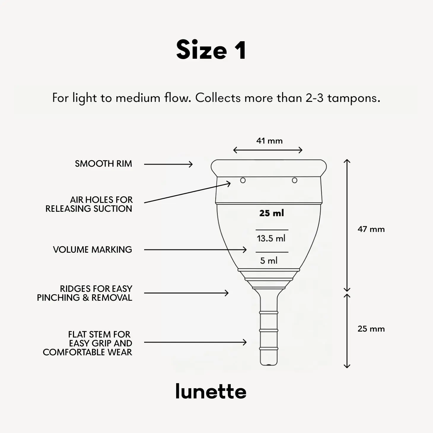 Clear Lunette Model 1 menstrual cup for light to moderate flow, a reusable and eco-friendly alternative to tampons and pads.