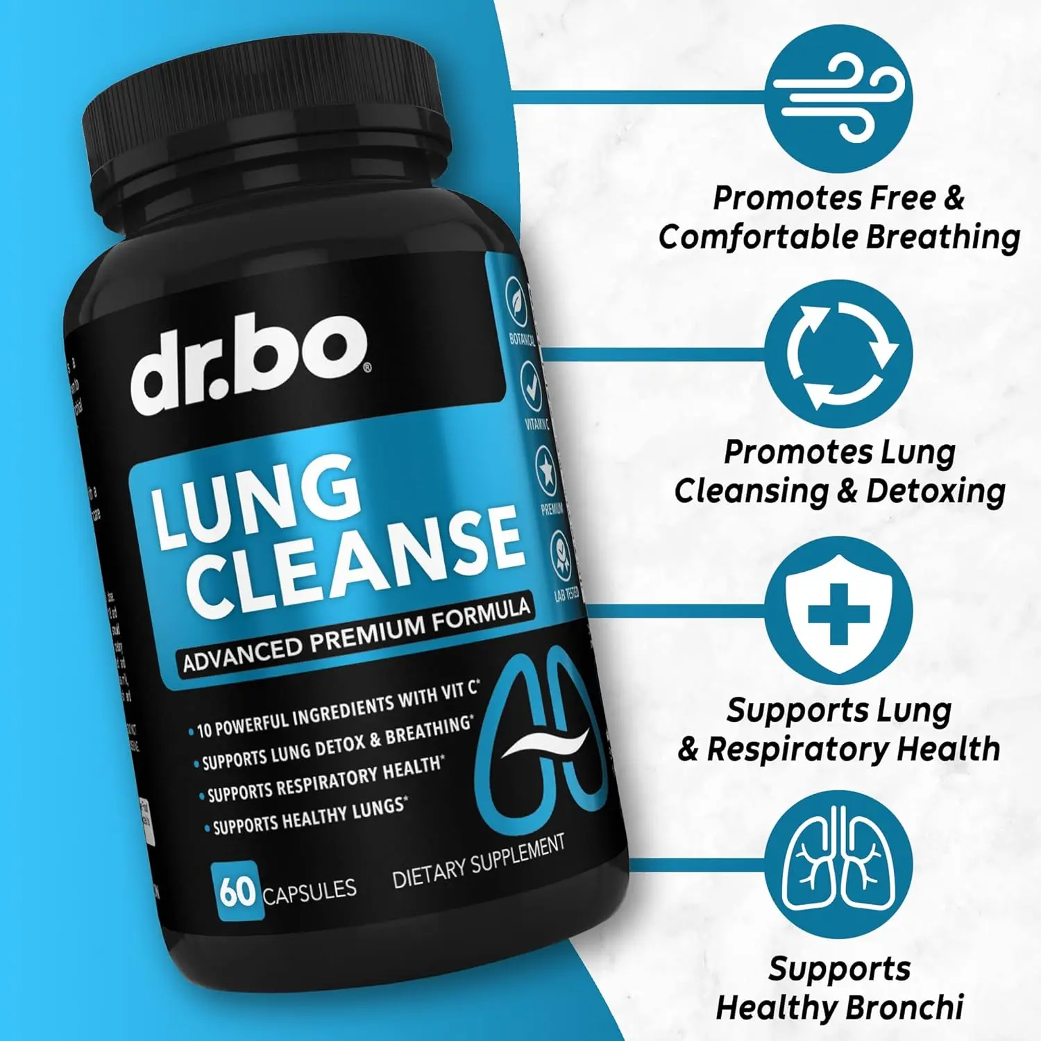 Lung cleanse supplement with herbal detox to support respiratory health, clear mucus, and aid easy breathing for smokers.