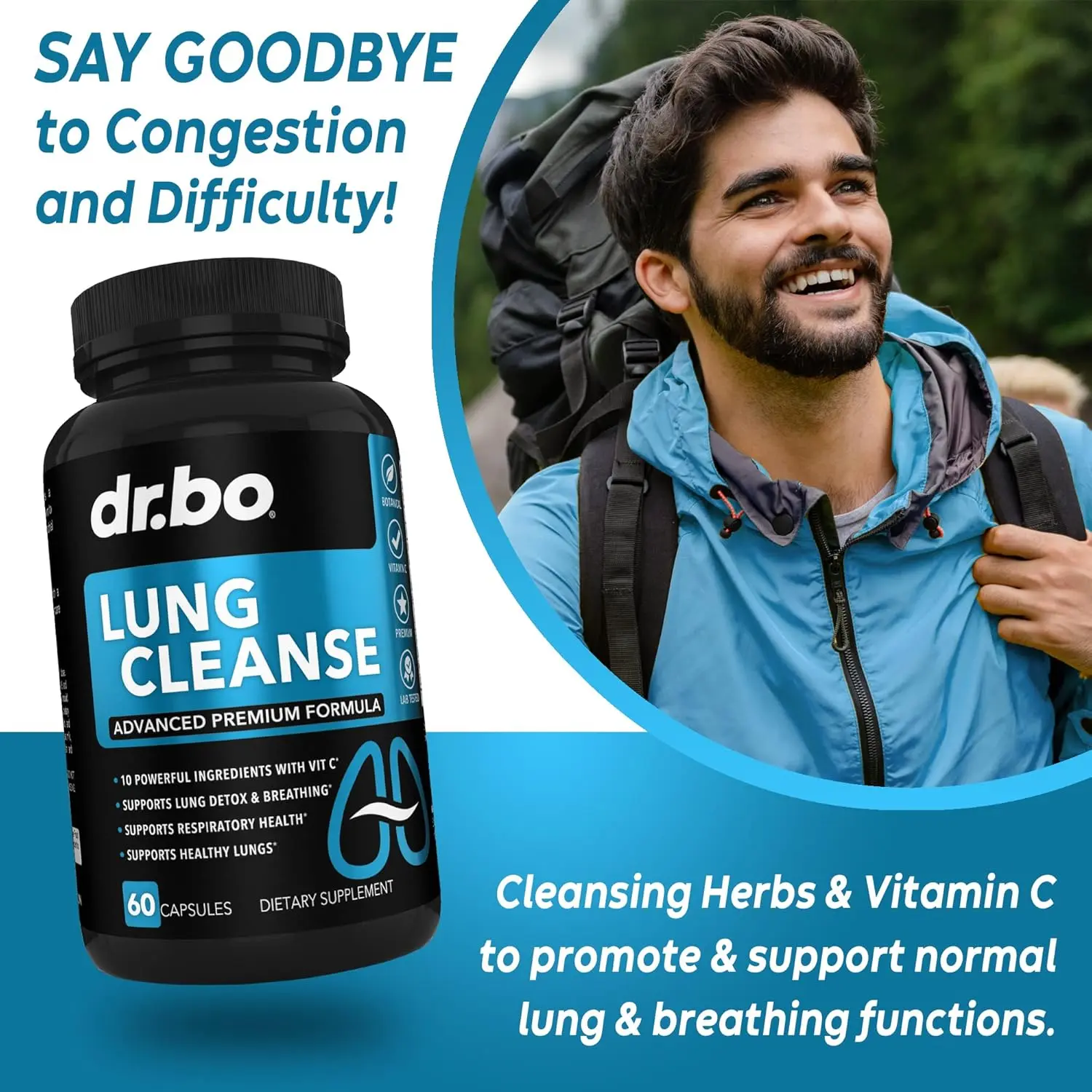Lung cleanse supplement with herbal detox to support respiratory health, clear mucus, and aid easy breathing for smokers.