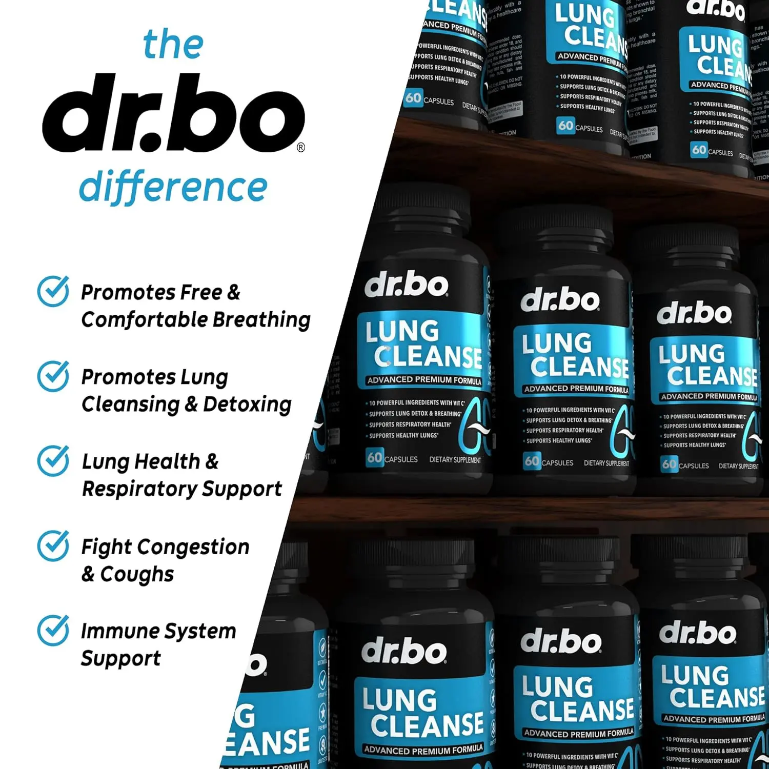Lung cleanse supplement with herbal detox to support respiratory health, clear mucus, and aid easy breathing for smokers.
