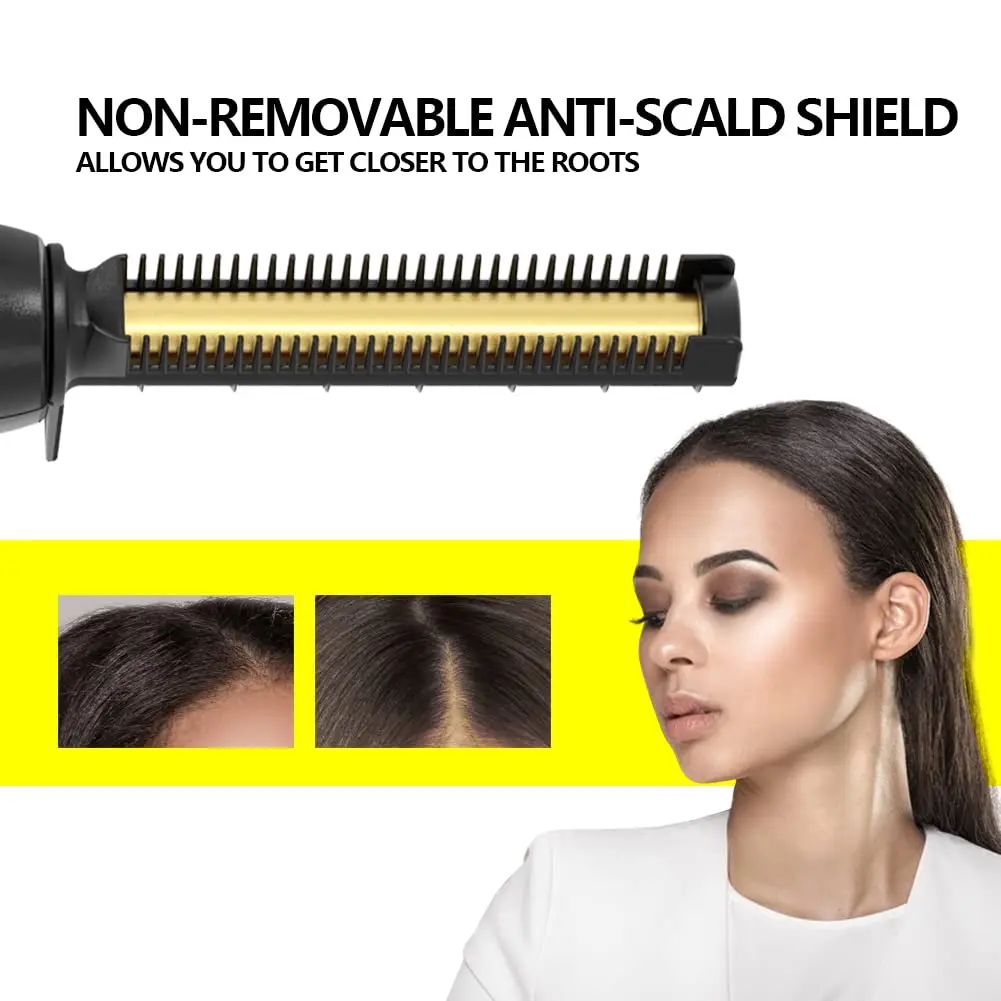 Lura professional hot comb straightens hair roots and edges, featuring adjustable temperature and anti-scald shield for safe and effective styling on thick, Black hair.
