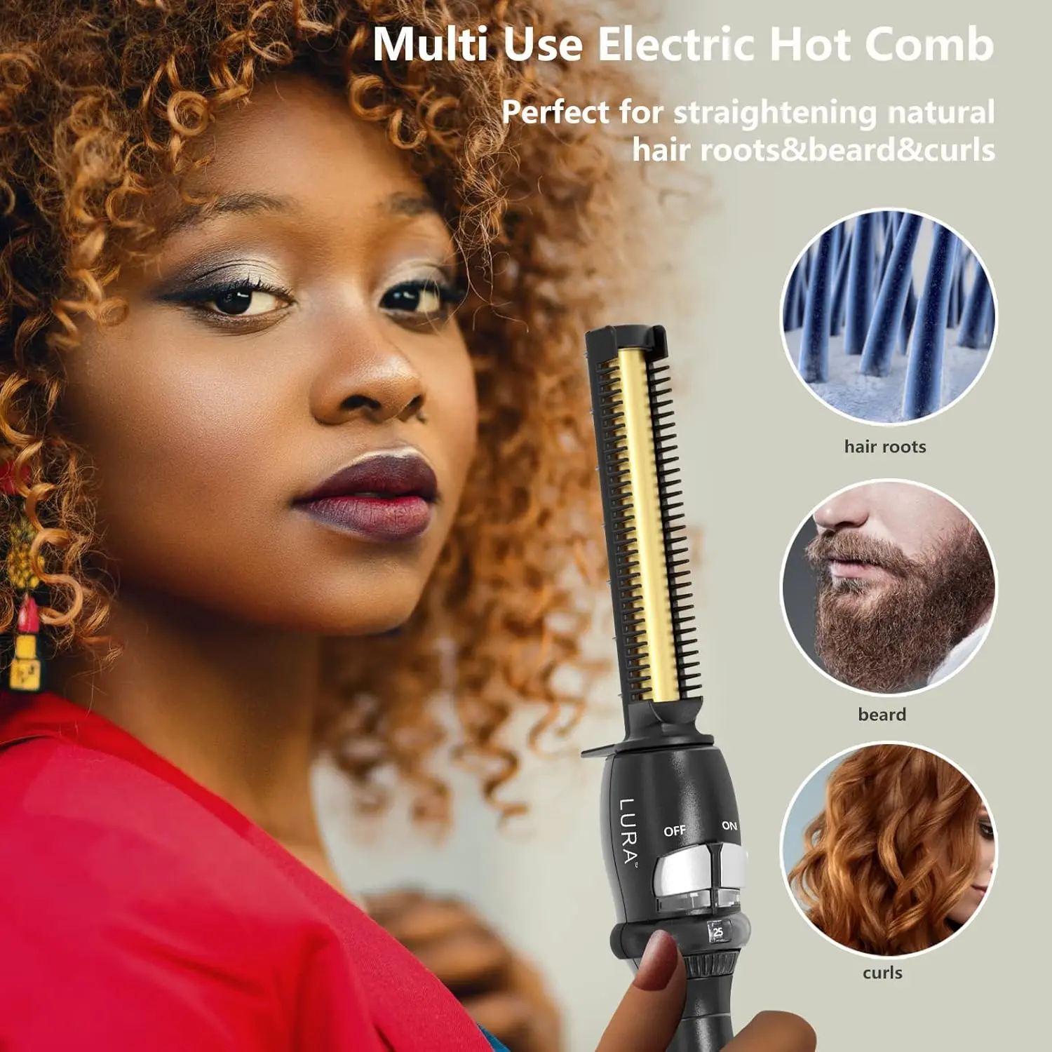 Lura professional hot comb straightens hair roots and edges, featuring adjustable temperature and anti-scald shield for safe and effective styling on thick, Black hair.