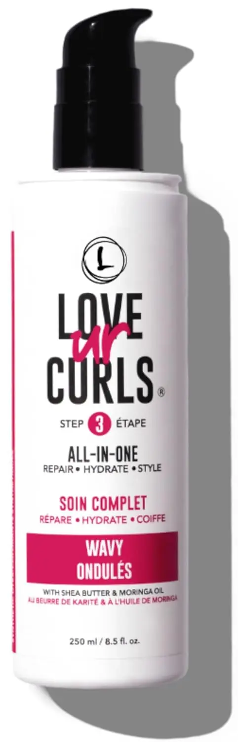 The LUS Brands All-in-One styler enhances natural wavy hair textures by providing moisture, definition, and shine without any sticky or crunchy residue.