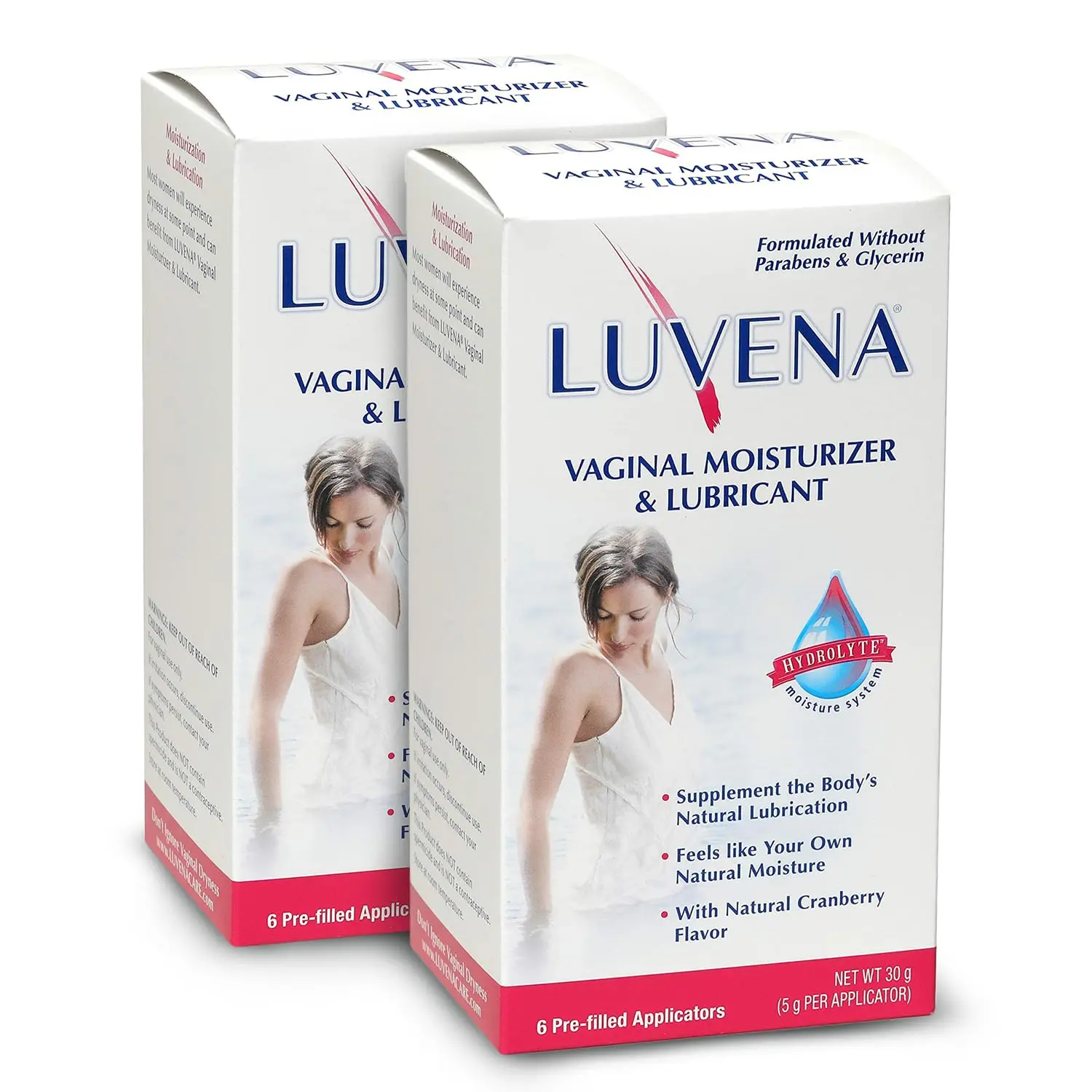 Two boxes of LUVENA vaginal moisturizer and lubricant, each containing 6 applicators, providing relief from dryness.