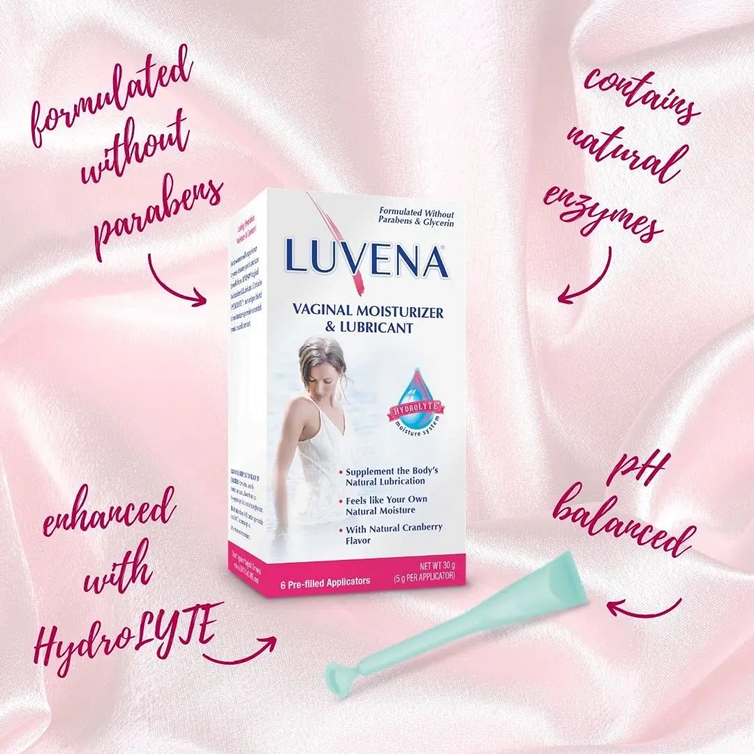 Two boxes of LUVENA vaginal moisturizer and lubricant, each containing 6 applicators, providing relief from dryness.