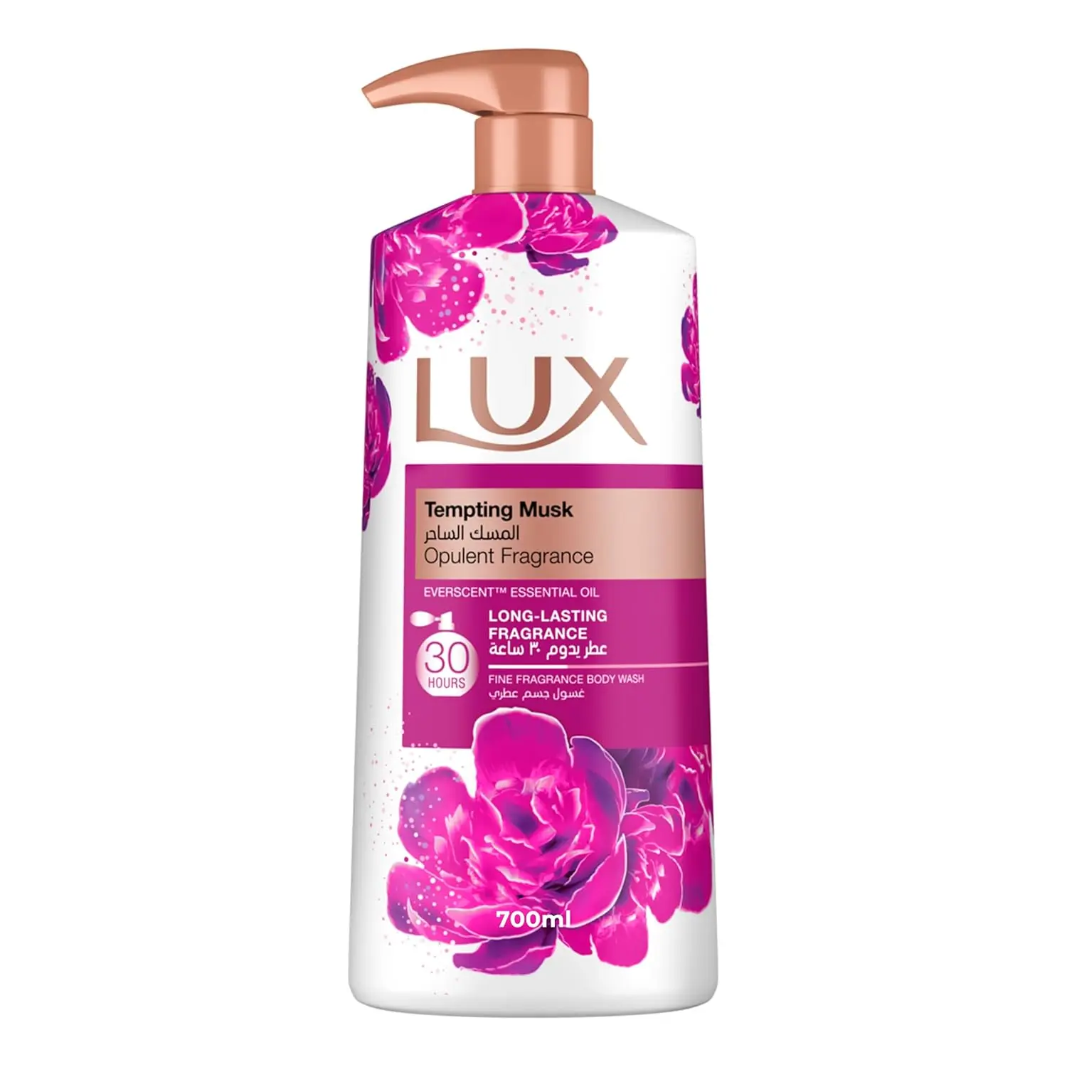 A bottle of LUX Tempting Musk Body Wash infused with Everscent Essential Oil, providing a long-lasting opulent musk and peony fragrance for all skin types.