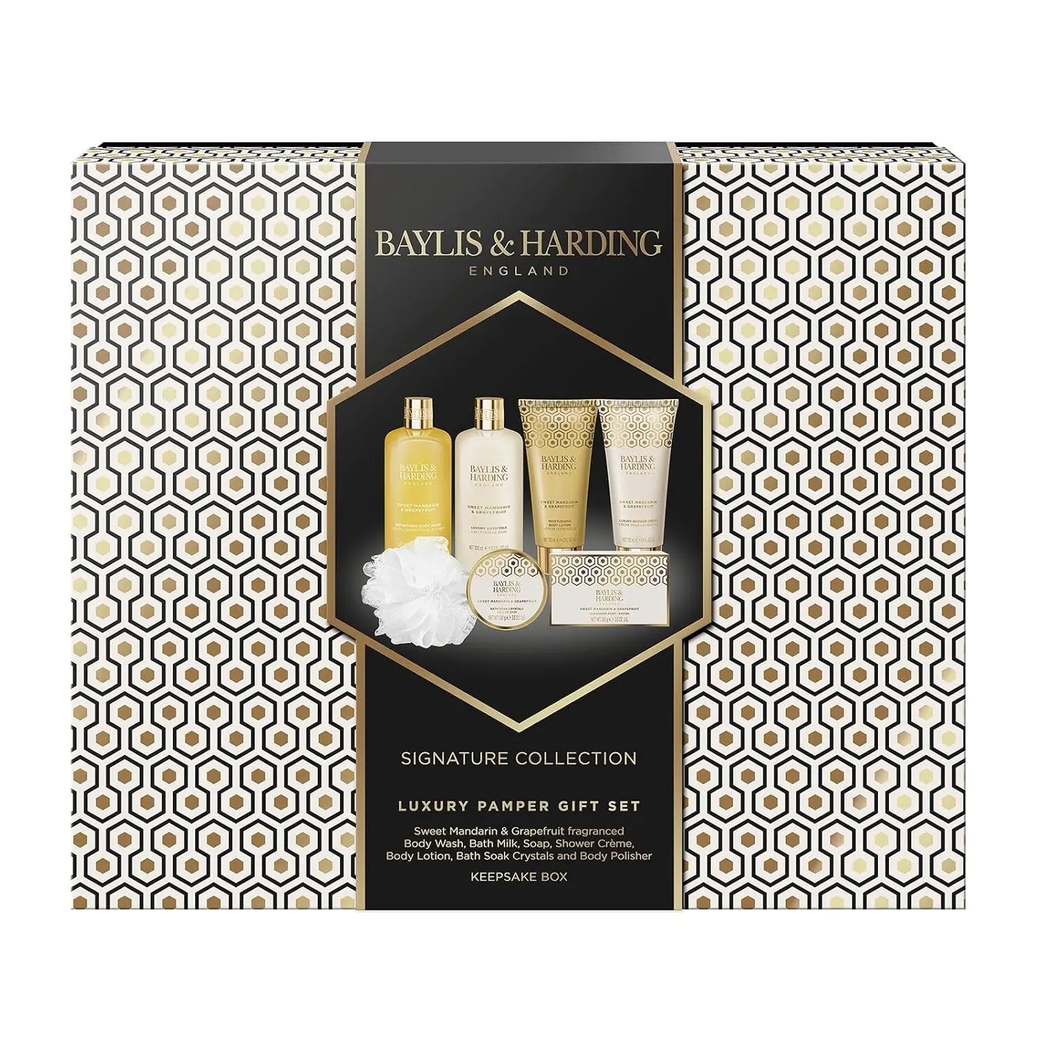 This luxury bath gift set for women includes vegan and cruelty-free body wash, bath milk, shower creme, body lotion, soap, bath soak crystals, and a body polisher, all scented with refreshing mandarin and grapefruit.